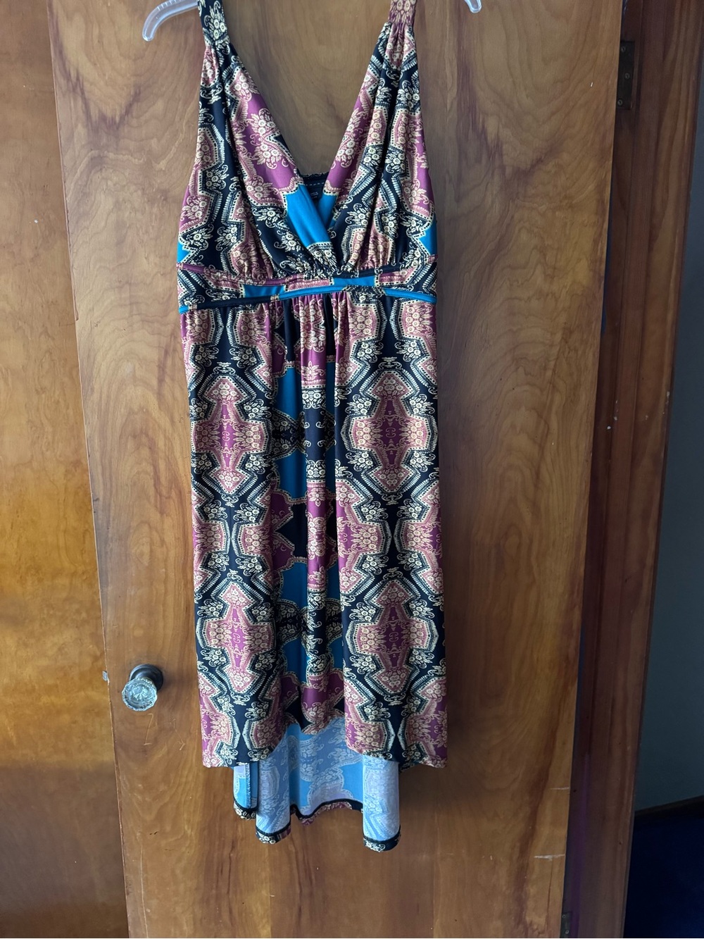 Metaphor Sleeveless V-Neck Midi Dress in Burgundy & Teal